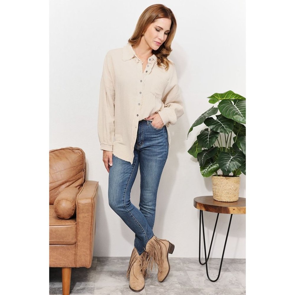 Gauze Raw Edge Button-Up Shirt Long Sleeves Relaxed Fit Style Cotton Solid Ivory